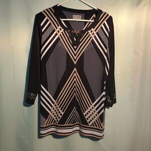JM Collection Black & Taupe Geometric Print Tunic Top with Embellished Neckline